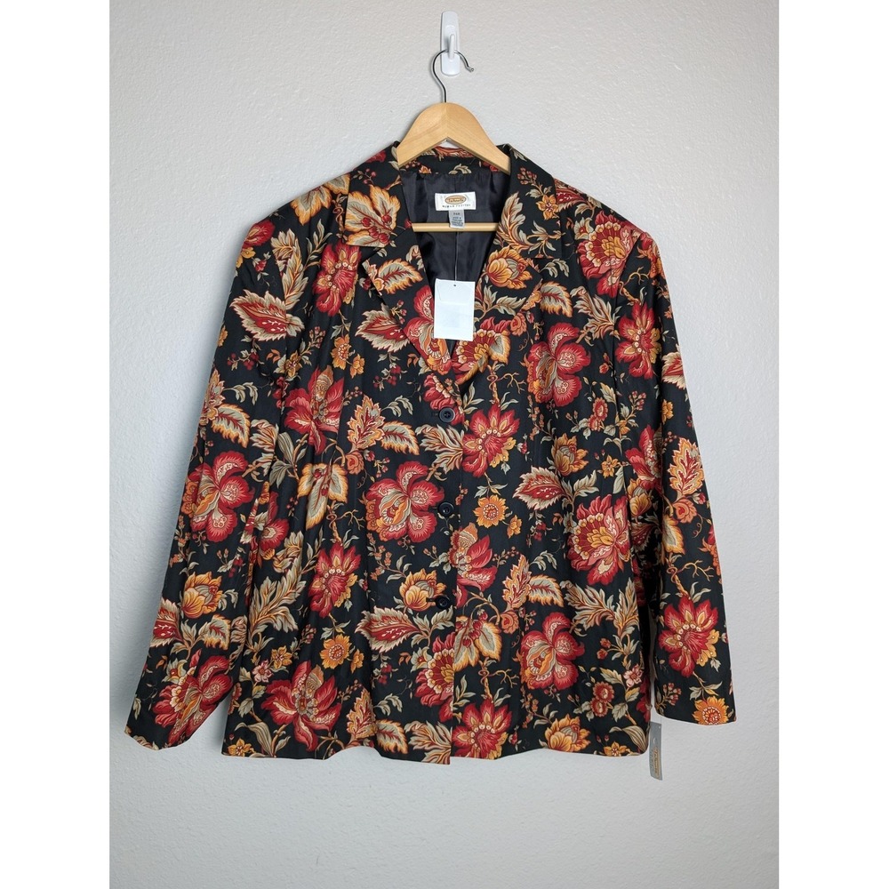 Talbots Suit Jacket Womens 24W Black Floral 100% Cotton Lined Three-Button